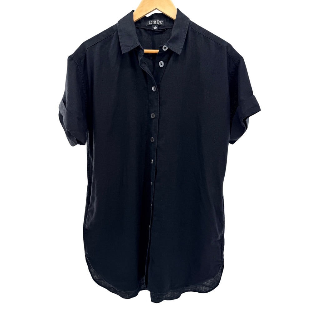J.Crew Black 100% Linen Short Sleeve Button Down Shirt Dress Pockets SP Petite